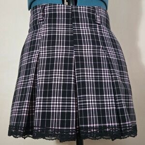 VINTAGE 90s Street Code Pink & Black Plaid Lace-Trim Mini Skirt Emo Goth